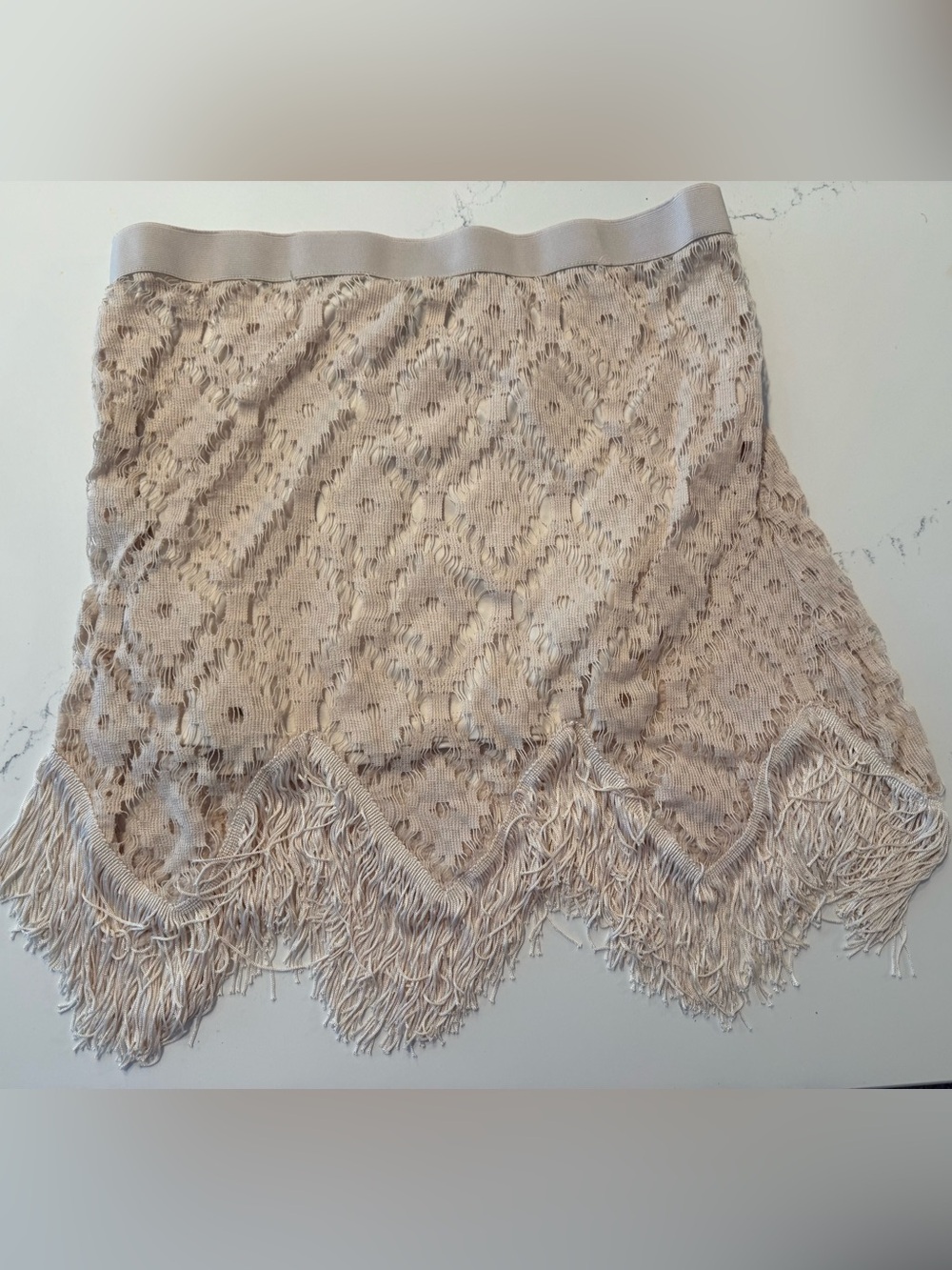 Beige Lace Fringe Mini Skirt